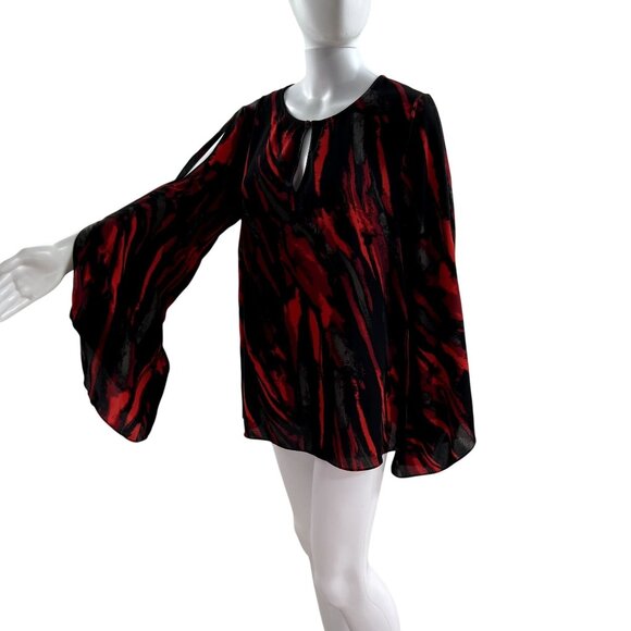 Halston Women M Red Black Abstract Witchy Long Bell Sleeve Fairy Blouse Boho Top - Picture 4 of 10
